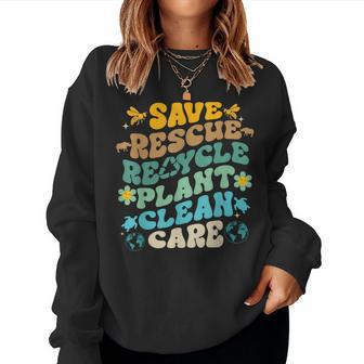 Retro Groovy Save Bees Rescue Animals Recycle Fun Earth Day Women Sweatshirt - Monsterry