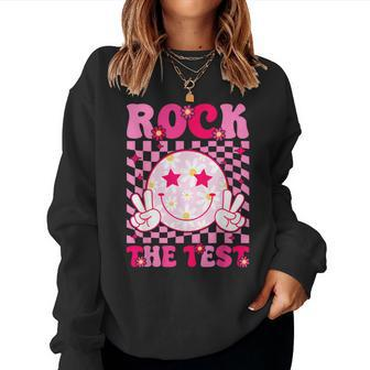 Retro Groovy Test Day Rock The Test Smile Hippie Pink Girls Women Sweatshirt - Seseable