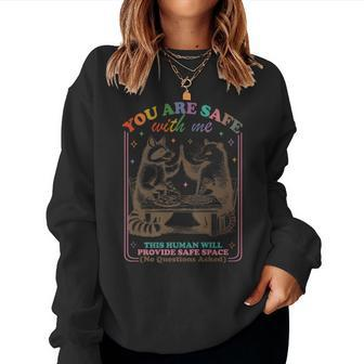 Retro You Are Safe With Me Rainbow Raccoons Lgbt Pride Women Sweatshirt - Monsterry