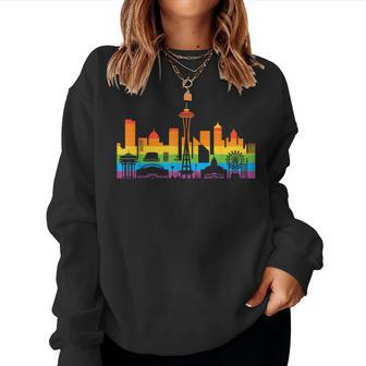 Retro Seattle Skyline Rainbow Lgbt Lesbian Gay Pride Seattle Women Sweatshirt - Monsterry