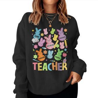 Retro Teacher Of Sweet Bunny Apparel Cute Teacher Easter Day Women Sweatshirt - Seseable