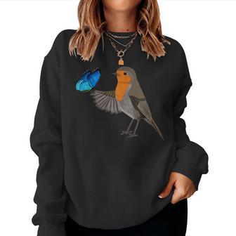 Robin With Blue Butterfly Bird Animal Biologist Women Sweatshirt - Monsterry