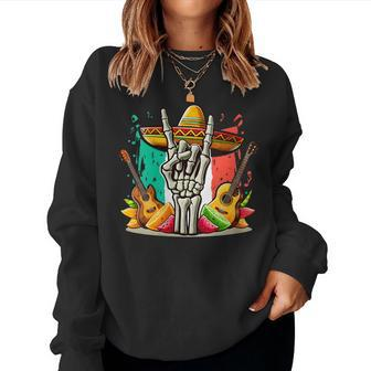 Skeleton Hand Sombrero Cinco De Mayo Music Lover Band Guitar Women Sweatshirt - Monsterry