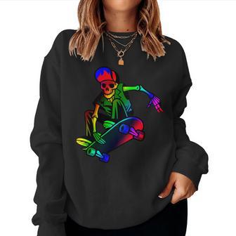 Skeleton On Skateboard Rainbow Skater Graffiti Skateboarding Women Sweatshirt - Monsterry AU