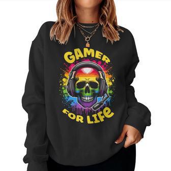 Skull Wearing Headphones Grunge N Gamer Rainbow Graffiti Women Sweatshirt - Monsterry UK