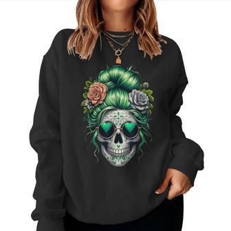 St Pattys Day Skull Bun Messy Irish Women Women Sweatshirt | Mazezy