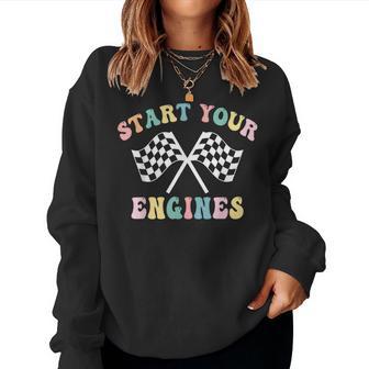 Start Your Engines Groovy Checkered Flag Retro Racing Women Sweatshirt - Monsterry AU