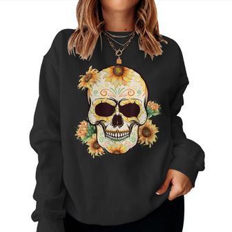 Sugar Skull Day Of Dead Sunflower Floral Bone Head Butterfly Women Sweatshirt - Monsterry DE