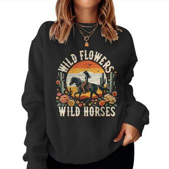Sunset Cowgirl Riding Horse Wild Flowers Wild Horses Women Sweatshirt - Seseable