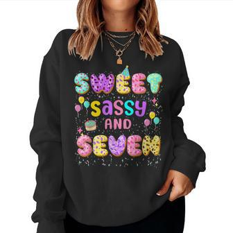 Sweet Sassy And Seven Birthday Girl Donut Family Party Decor Women Sweatshirt - Seseable