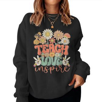 Teach Love Inspire Retro Groovy Daisy Back To School Teacher Women Sweatshirt - Monsterry