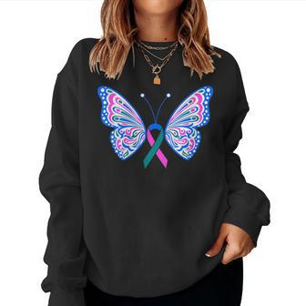 Thyroid Cancer Blue Pink Teal Ribbon Butterfly Wings Tattoo Women Sweatshirt - Monsterry UK