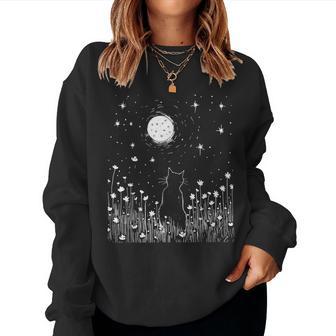 Vintage Cat And Moon Flowers Garden Nature Lover Women Women Sweatshirt - Monsterry AU