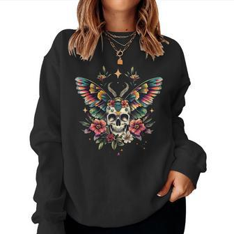 Vintage Death Moth Skull Flower Tattoo Goth Grunge Butterfly Women Sweatshirt - Monsterry