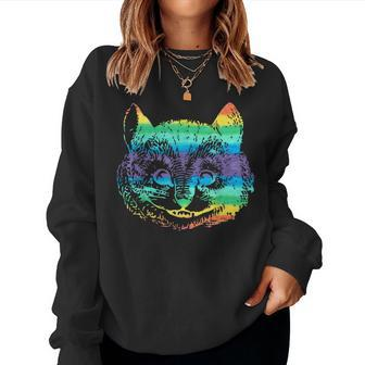 Vintage Rainbow Hippie Cute Cheshire Cat Head Kitty T Women Sweatshirt - Monsterry AU