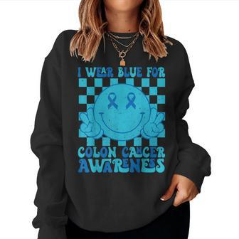 I Wear Blue For Colon Cancer Awareness Groovy Smile Face Women Sweatshirt | Mazezy