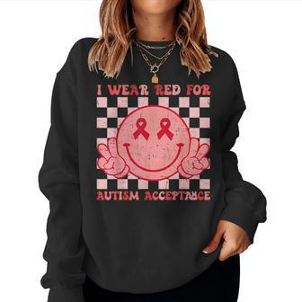 I Wear Red For Instead Autism-Acceptance Groovy Smile Face Women Sweatshirt - Seseable