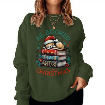 All Booked For Christmas Book Tree Cat Santa Teacher School Women Sweatshirt - Seseable