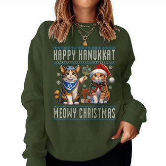 Cat Merry Christmas Happy Hanukkah Jewish Christian Women Sweatshirt - Seseable
