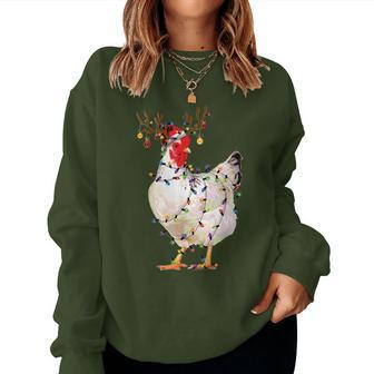 Chicken Christmas Lights Reindeer Santa Hat Chicken Xmas Women Sweatshirt - Thegiftio