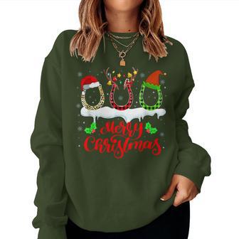 Christmas Horseshoe Leopard Plaid Santa Hat Horse Xmas Women Sweatshirt - Monsterry CA