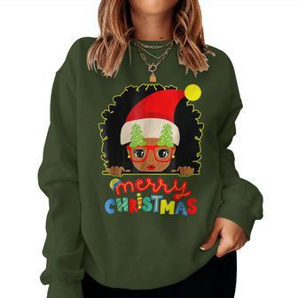 Cute Afro Black Girl Glasses Santa Melanin Merry Christmas Women Sweatshirt - Seseable