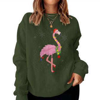 Cute Pink Flamingo With Snow Lights And Santa Hat Christmas Women Sweatshirt - Monsterry