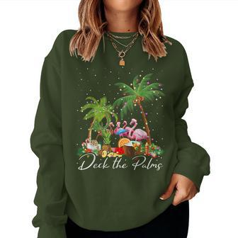 Deck The Palms Flamingo Christmas Palm Tree Lights Pajama Women Sweatshirt | Mazezy