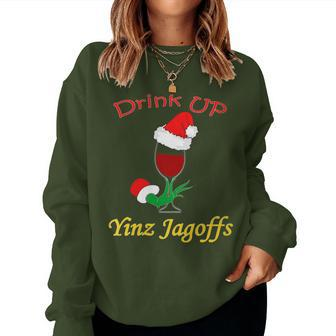 Drink Up Yinz Jagoffs Wine With Santa Hat Pittsburgh Theme Women Sweatshirt - Monsterry AU