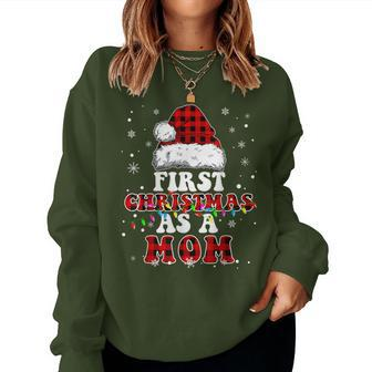 First Christmas As A Mom Santa Hat Red Plaid Buffalo Women Sweatshirt - Seseable