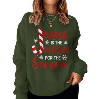 Jesus Is The Reason For The Season Christian Candy Cane Xmas Women Sweatshirt | Mazezy