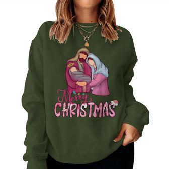 Merry Christmas Christian Pink Nativity Christmas Jesus Women Sweatshirt | Mazezy