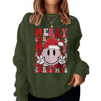 Merry Christmas Smile Face Santa Claus Hat Groovy Retro Women Sweatshirt - Seseable