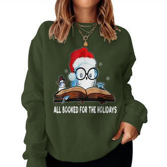 Owl Santa Hat Reading Book All Booked For Holidays Christmas Women Sweatshirt - Seseable