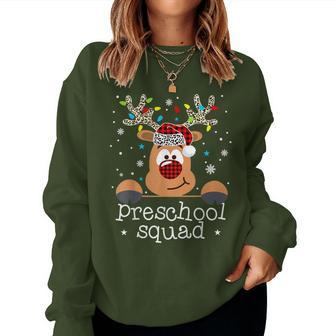 Preschool Squad Plaid Reindeer Santa Hat Teacher Christmas Women Sweatshirt - Seseable