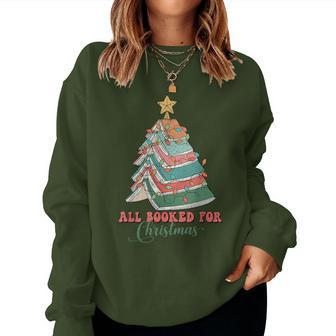 Retro All Booked For Christmas Book Lover Cute Teacher Xmas Women Sweatshirt - Seseable