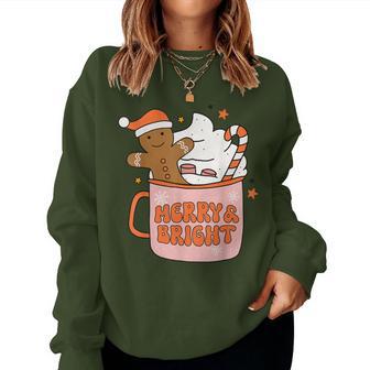 Retro Groovy Merry & Bright Gingerbread Christmas Cute Santa Women Sweatshirt - Monsterry UK