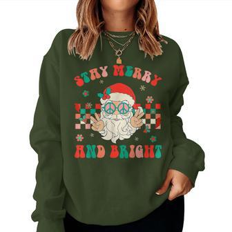 Retro Groovy Stay Merry And Bright Santa Claus Christmas Women Sweatshirt - Thegiftio UK