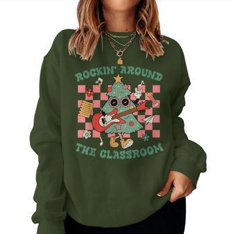 Retro Groovy Teacher Christmas Rockin' Around The Classroom Women Sweatshirt - Seseable