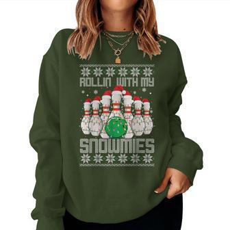 Ugly Christmas Bowling Lover Bowlers Rollin With My Snowmies Women Sweatshirt | Mazezy