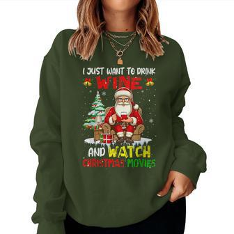 Vintage Drink Wine And Watch Xmas Movies Santa Drinker Women Sweatshirt - Monsterry