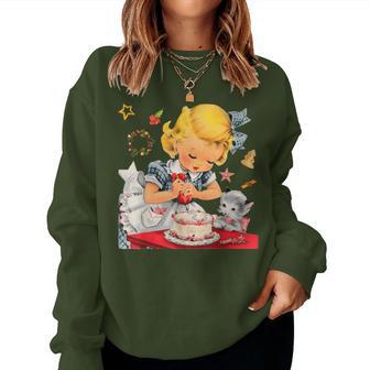 Vintage Pin Up Little Girl Cat Kitten Christmas Baking Crew Women Sweatshirt - Monsterry