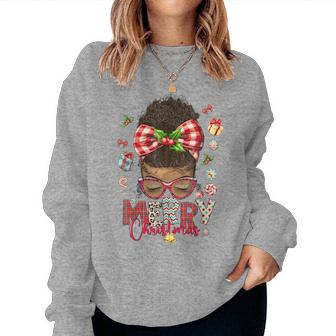 Merry Christmas Messy Bun Black African American Women Sweatshirt - Seseable