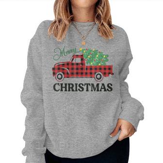 Merry Christmas White Buffalo Plaid Truck Tree Womens Women Sweatshirt - Monsterry