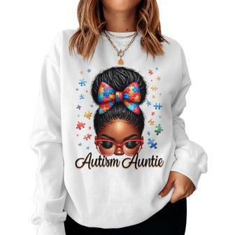 Autie Aunt Life Afro Black Autism Awareness Messy Bun Women Sweatshirt | Mazezy