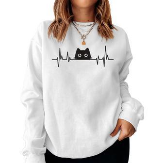 Black Cute Cat Heartbeat Girls Kawaii Cats Lover Women Sweatshirt - Monsterry