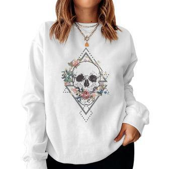 Boho Human Skull Spiritual Hippie Floral Gypsy Skeleton Women Sweatshirt - Monsterry