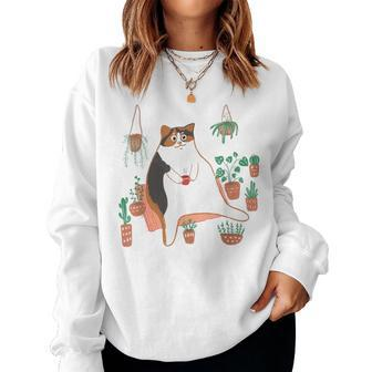 Calico Cat With Pot Plants Cat Lover For Mom Women Women Sweatshirt - Monsterry