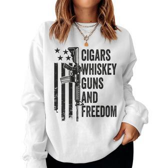 Cigars Whiskey Guns & Freedom Camo Gun Drinking- On Back Women Sweatshirt - Monsterry DE
