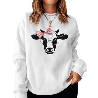 Cute Cow With Pink Striped Bow & Glasses Cowgirl Women Sweatshirt - Monsterry AU